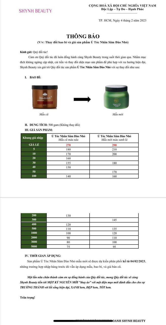 Thông báo đổi mẫu kem ủ tóc nhân sâm đào swhite từ công ty Shynh Beauty